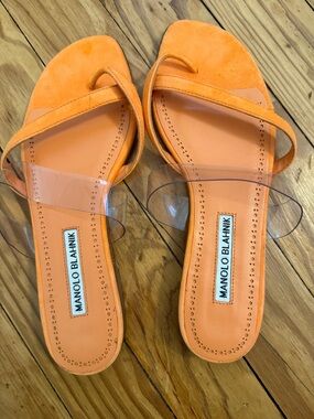 Manolo Blahnik Orange Suede Slide Sandals with Clear PVC Strap